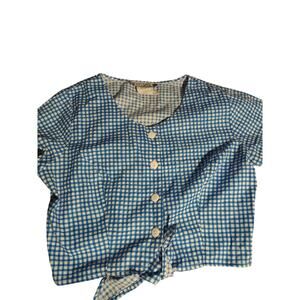 Vintage Bonjour Blue Gingham Lightweight Crop Top Small Festival Bohemian Picnic
